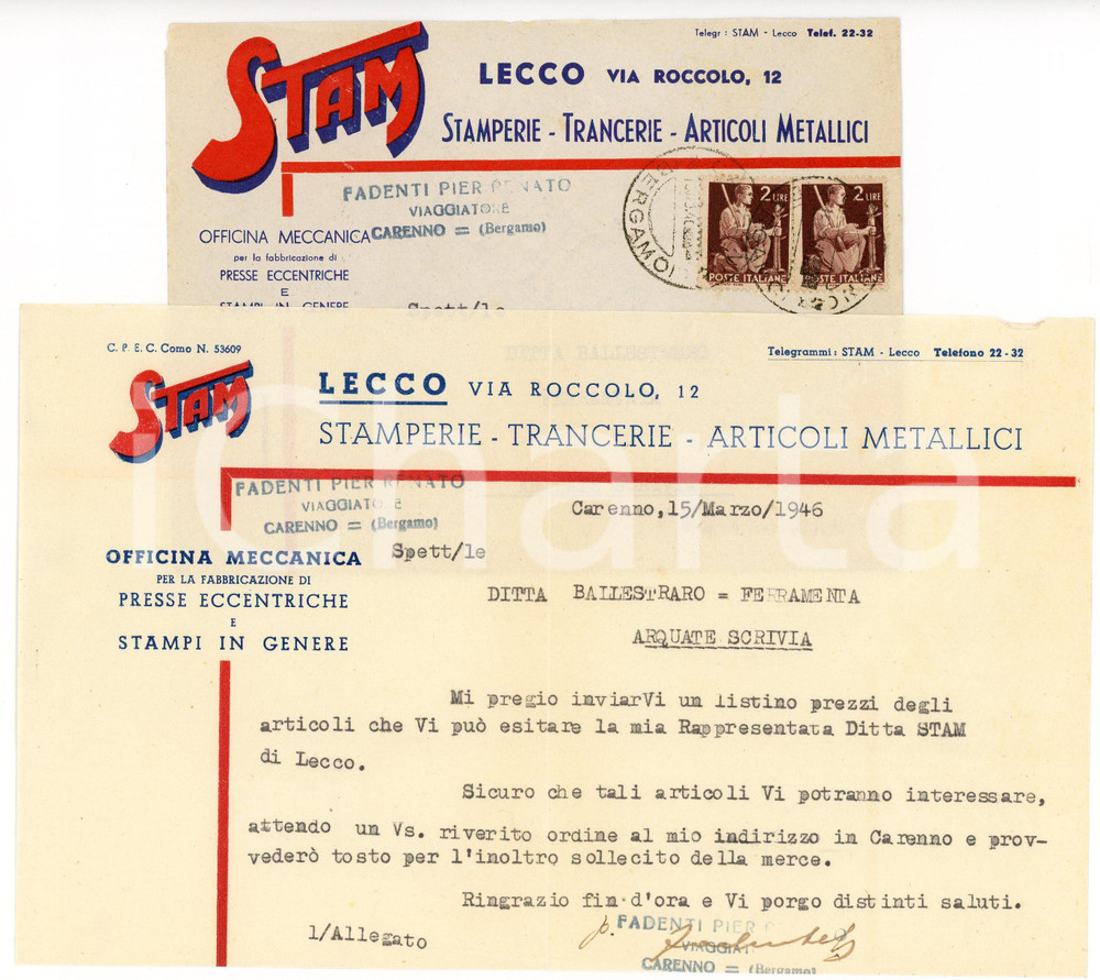 1946 LECCO Officina meccanica STEM Fabbricazione presse - Lettera commerciale Lettera commerciale d'epoca, dattiloscritta, su carta intestata. Con busta.CONDIZIONI: FAIR (piegature d'epoca, piccola piegatura al margine superiore)PAGINE: 1    originale e autentica 1