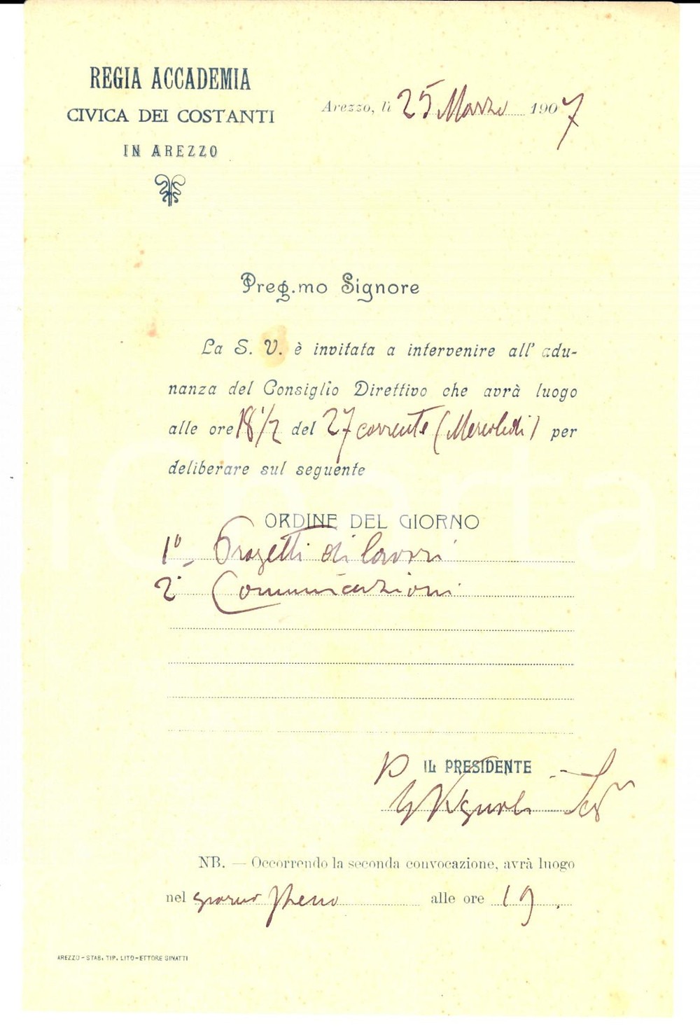 Documento originale, autentico 1907 AREZZO Riunione direttivo Regia ACCADEMIA DEI COSTANTI Invito 1