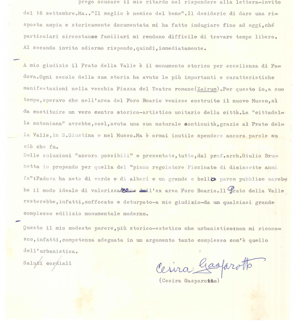 Autografo originale 1969 PADOVA Cesira GASPAROTTO su sistemazione Prato della Valle   AUTOGRAFO 1