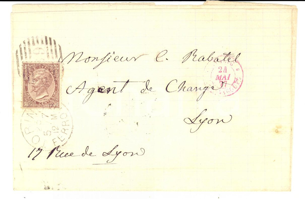 Manoscritto, lettera originale 1877 STORIA POSTALE REGNO Busta TORINO per LYON bollo c. 30 Vittorio Emanuele II 1