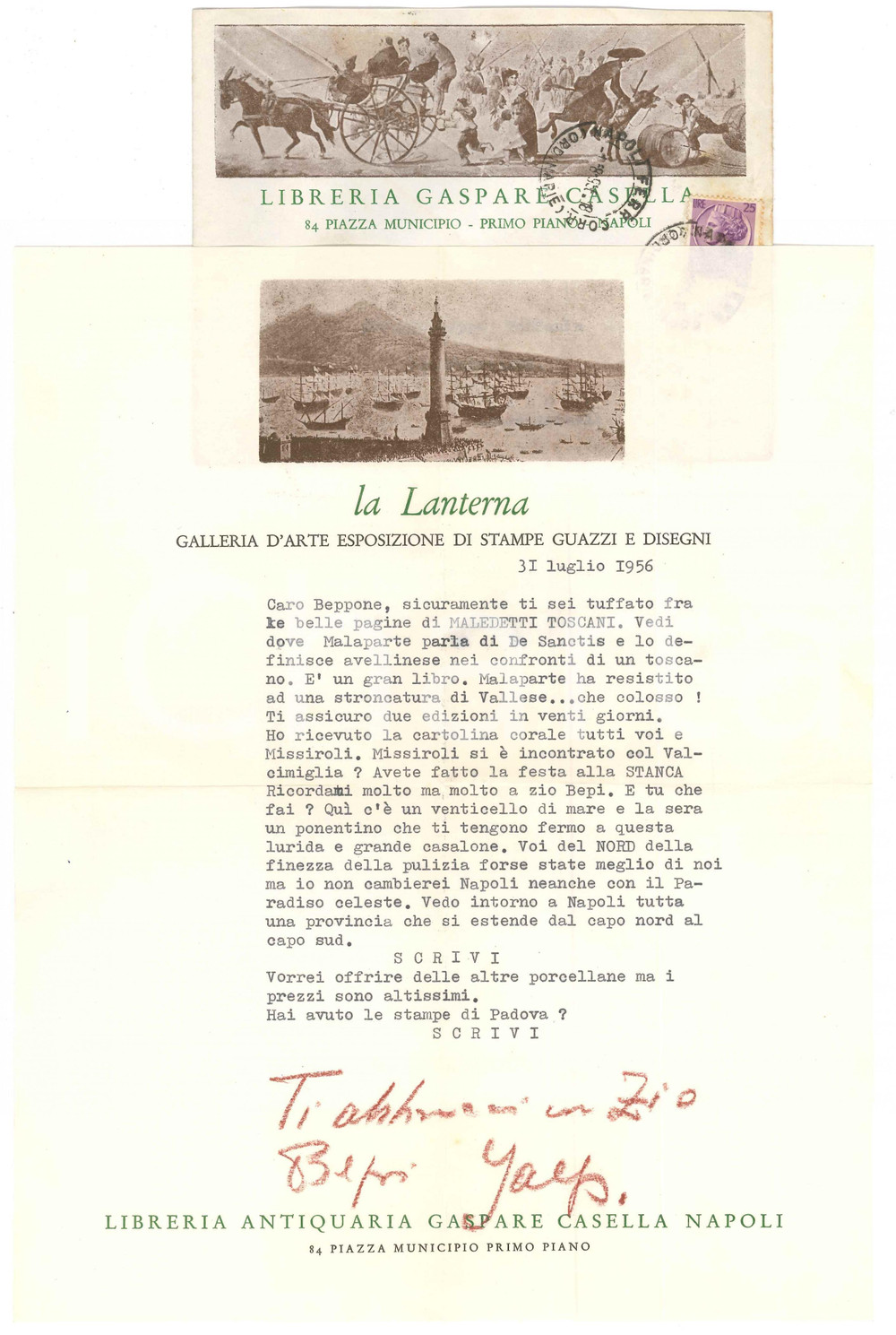 Autografo originale 1956 NAPOLI Gaspare CASELLA loda Maledetti toscani di Malaparte Autografo 1