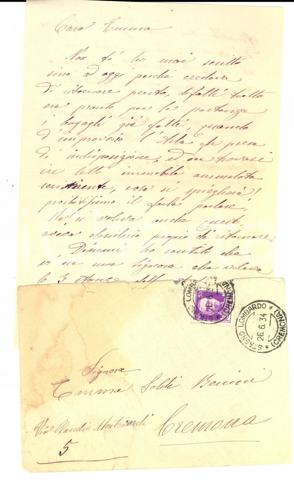 Manoscritto, lettera originale 1934 STAGNO LOMBARDO (CR) Affitto di uno studio per Emma BENINI SOLDI *Lettera 1