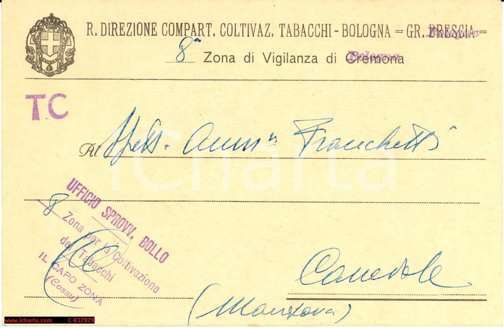 Documento originale, autentico 1935 CANEDOLE (MN) Verifica coltivazione tabacchi 1