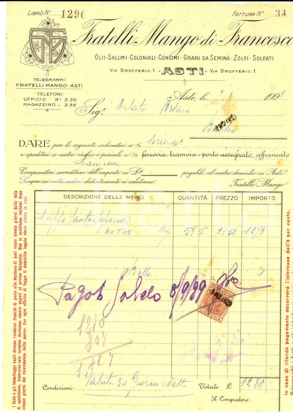 Documento originale, autentico 1929 ASTI Fratelli MANGO di Francesco olii  salumi Fattura intestata 1