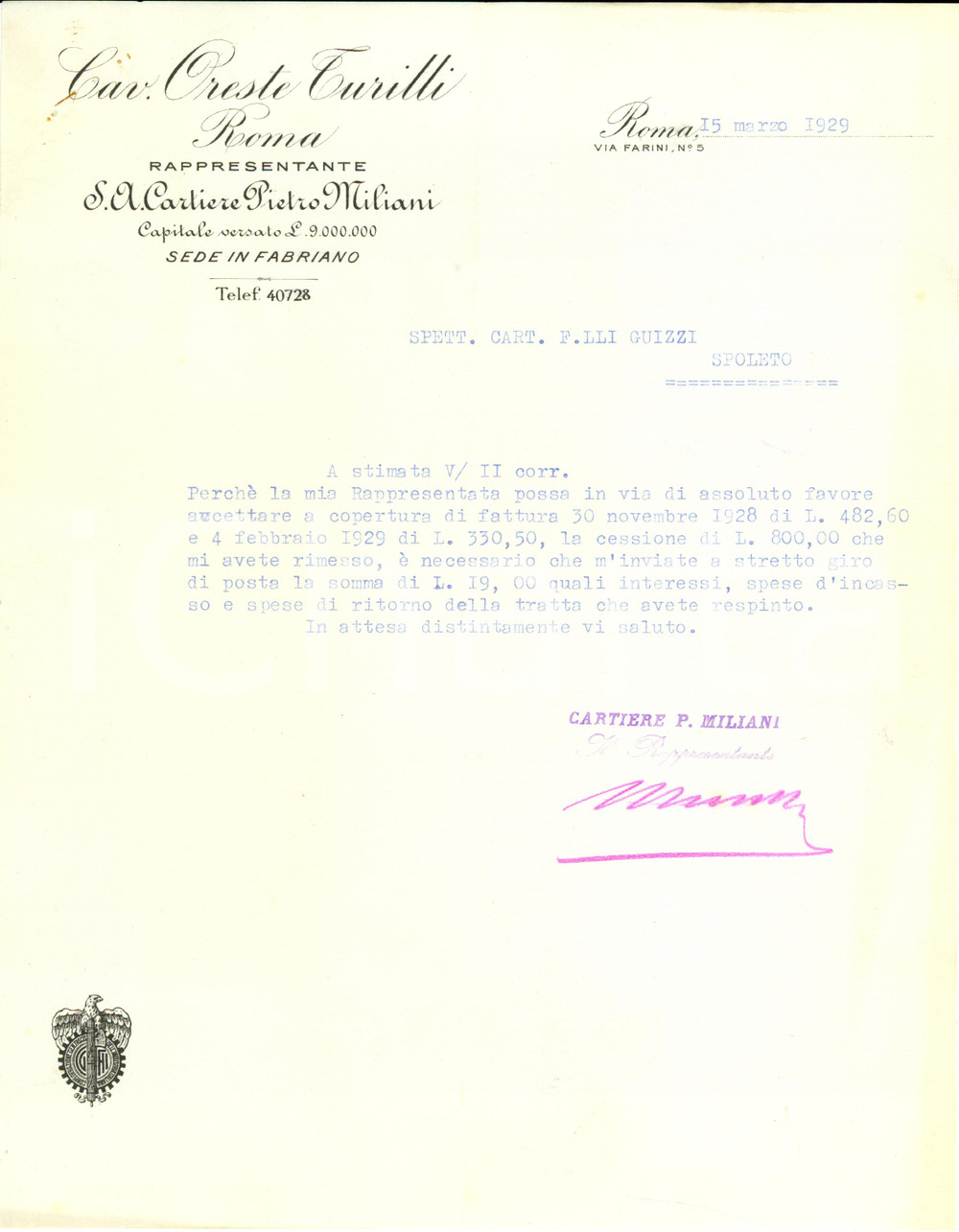 Documento originale, autentico 1929 ROMA Oreste TURILLI rappresentante Cartiere Pietro MILIANI di FABRIANO 1