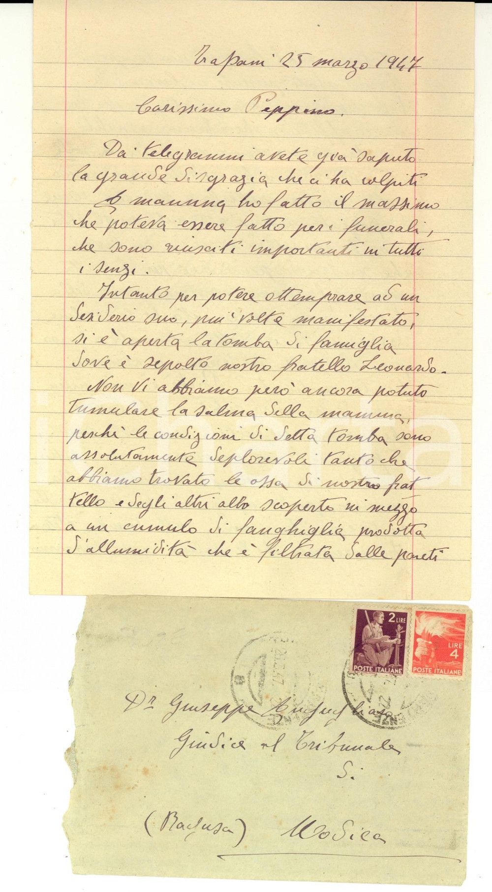 Manoscritto, lettera originale 1947 TRAPANI Isabella AUGUGLIARO sulla rovina della tomba di famiglia *Lettera 1