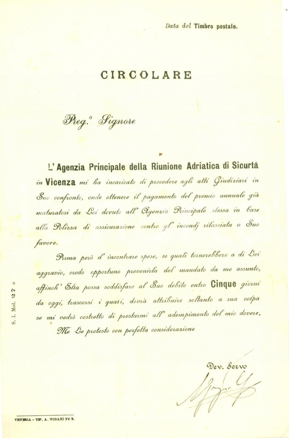 Documento originale, autentico 1880 ca VICENZA Giacomo RUMOR non paga premio RAS INCENDI Documento 1