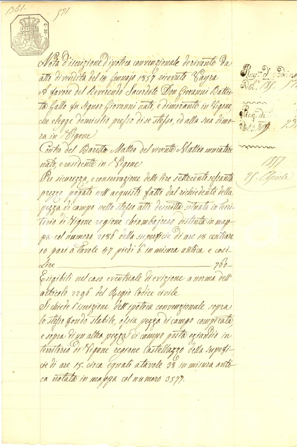 Documento originale, autentico 1857 VIGONE (TO) Don Giovanni Battista GALLO vende campo muratore Matteo BARETTA 1
