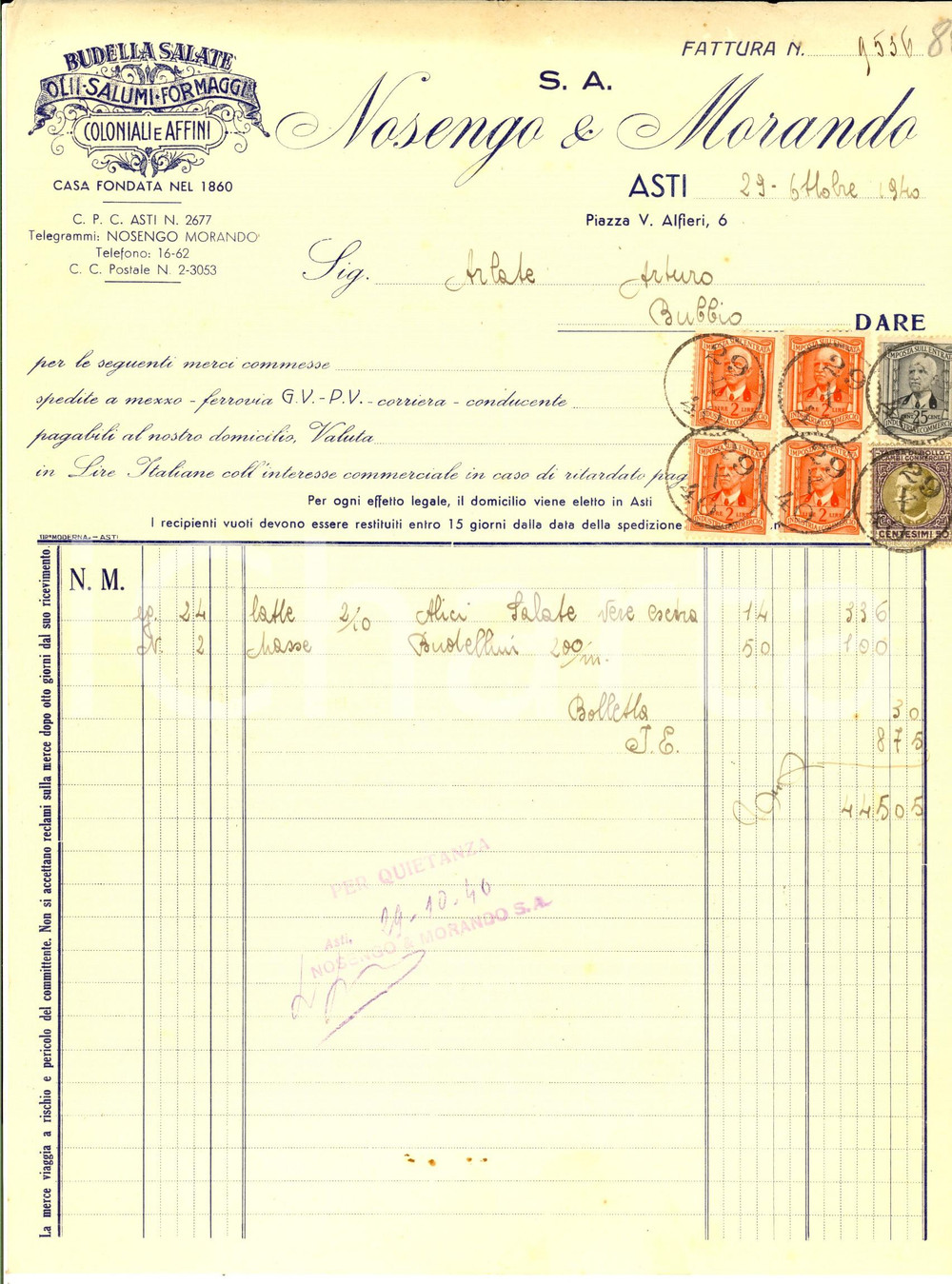 Documento originale, autentico 1940 ASTI Ditta NOSENGO & MORANDO Budella salate e coloniali Fattura intestata 1