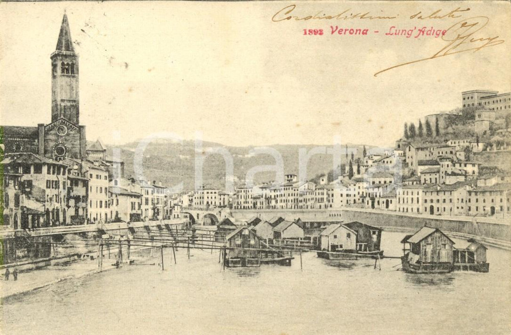 Cartolina originale da collezione 1900 ca VERONA Case galleggianti sul LUNGADIGE Cartolina postale FP VG 1