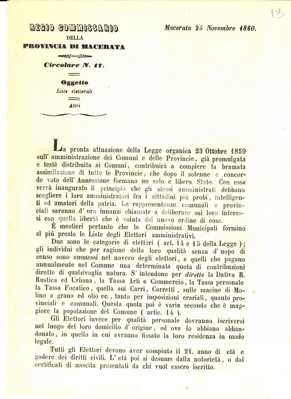Documento originale, autentico 1860 MACERATA Formazione liste di elettori amministrativi Lettera circolare 1