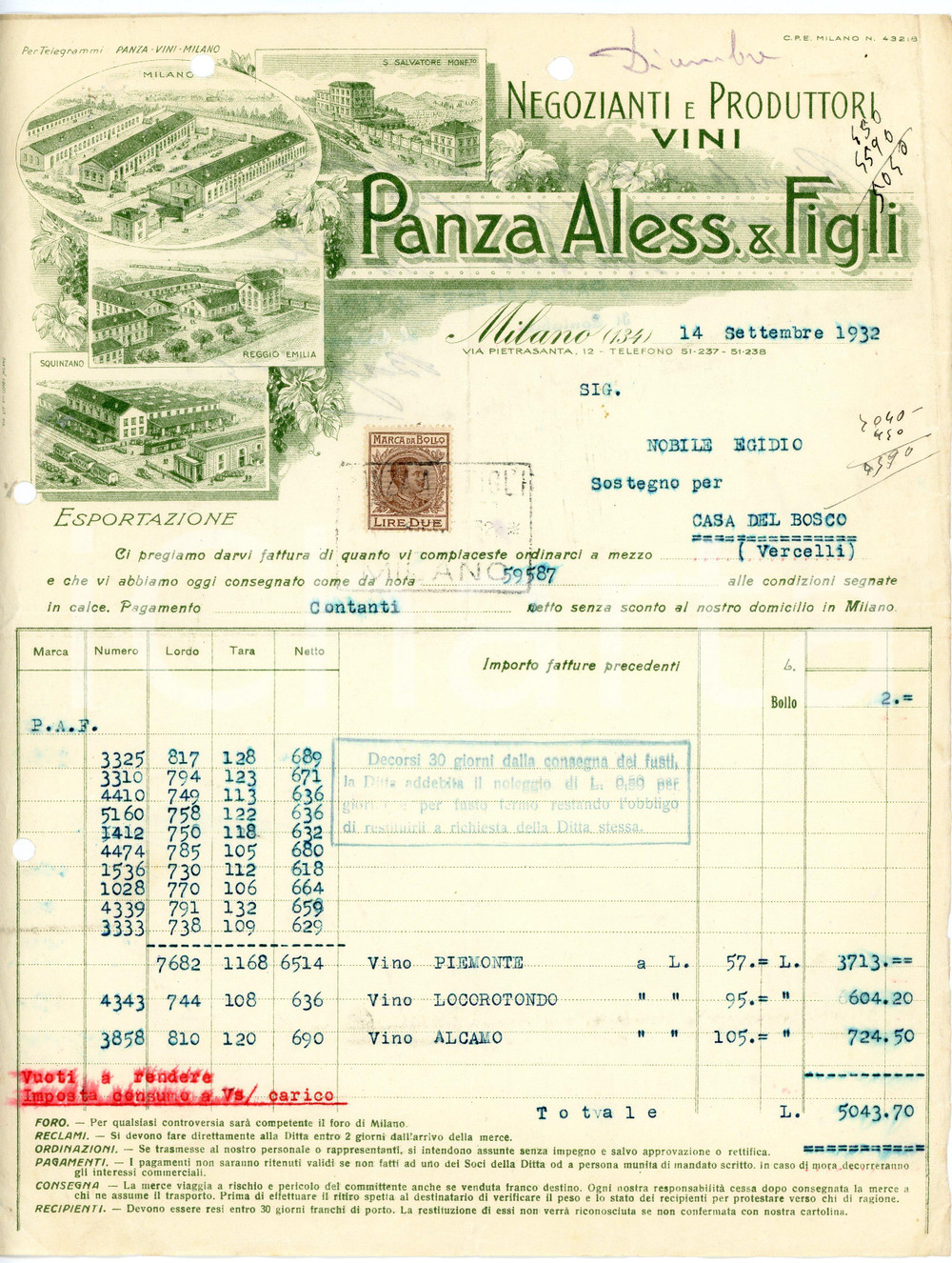 1932 MILANO - Aless. PANZA & Figli  - Negozianti produttori di vini (2) *Fattura Fattura commerciale d'epoca, dattiloscritta, su carta intestata illustrata.Milano - via Pietrasanta, 12Presente marca da bollo.CONDIZIONI: P (piegature d'epoca, fori da classificatore al lato superiore e sinistro, piccoli fori all'angolo superiore sinistro)PAGINE: 1    originale e autentica 1