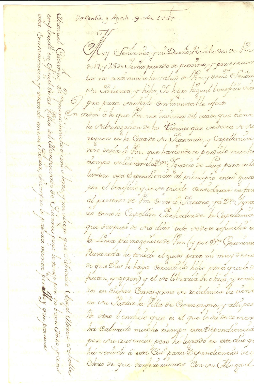 Documento originale, autentico 1757 VALENCIA Cappellania RIPOLL e linea primogenita della famiglia Manoscritto 1