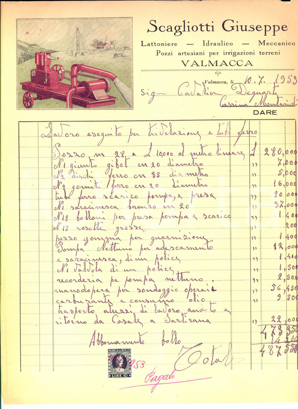 Manoscritto, lettera originale 1953 VALMACCA AL Giuseppe SCAGLIOTTI lattoniere idraulico Fattura intestata 1
