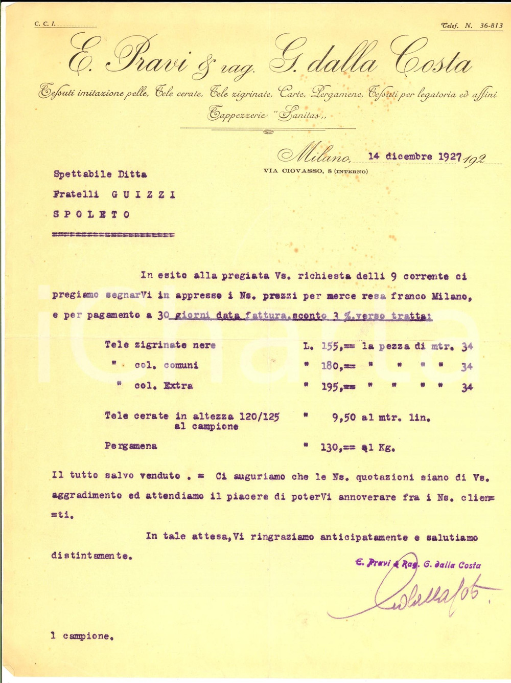 Documento originale, autentico 1927 MILANO Ditta E. PRAVI & rag. G. DALLA COSTA Preventivo per tele e pergamena 1