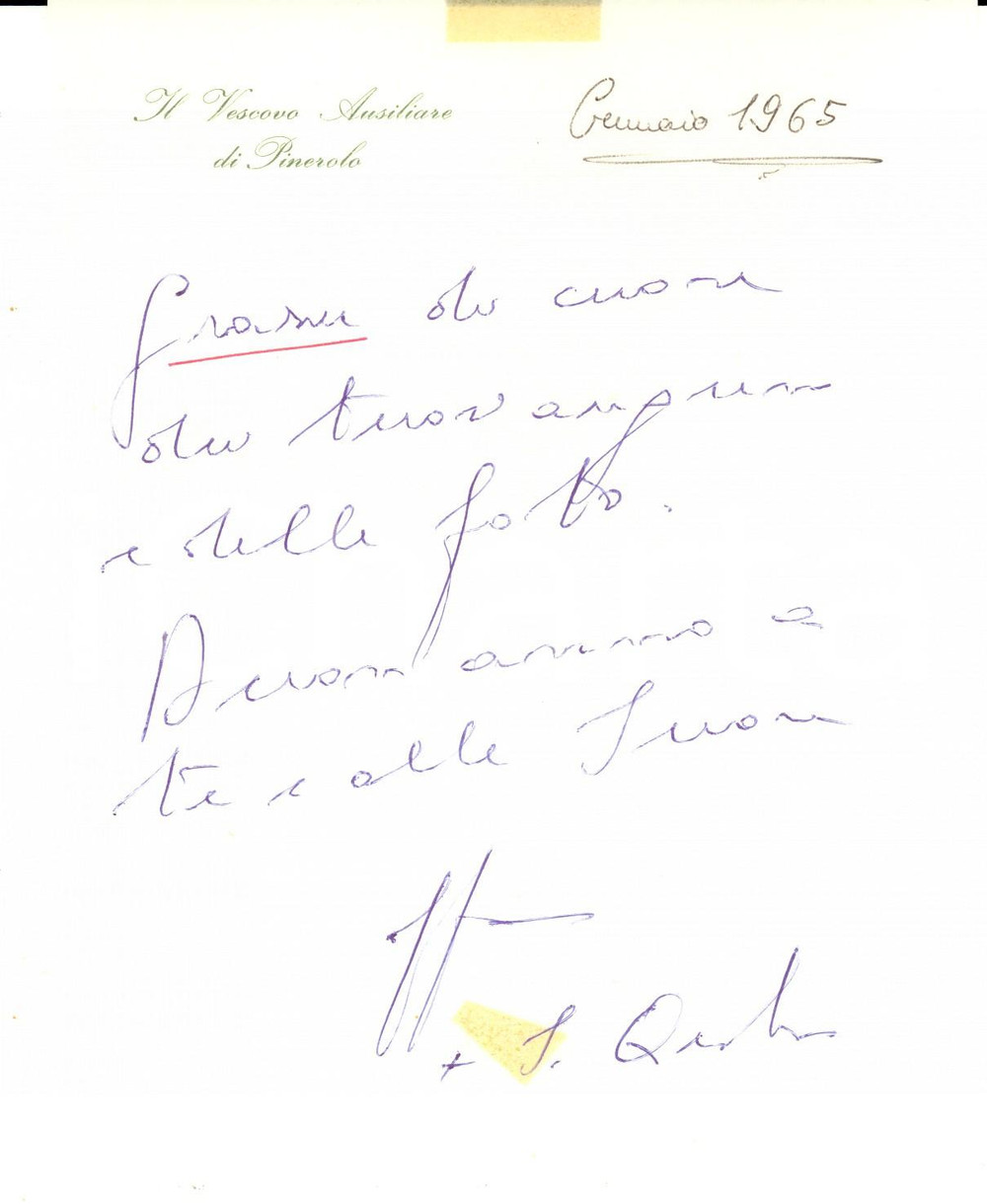 Autografo originale 1965 PINEROLO TO Lettera di auguri mons. Bartolomeo Santo QUADRI Autografo 1
