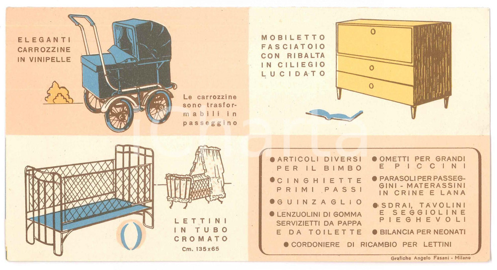 1960 ca MILANO - LA CULLA - Carrozzine e mobili per bambini *Pieghevole  Pieghevole pubblicitario d'epoca, illustrato.Su 4 quattro facciate. GOOD/buono  Formato: 21x11 cm originale e autentica 1