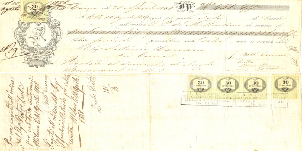 Documento originale, autentico 1858 COMO Cambiale Giovanni Battista CARCANO favore Antonio CARCANO 1