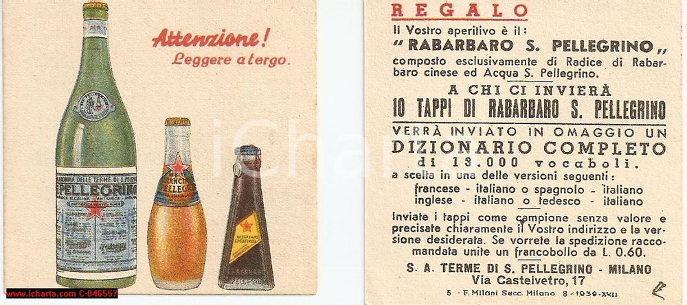 Materiale pubblicitario d’epoca 1939 MILANO Rabarbaro S. PELLEGRINO TERME illustrati Lotto 2 tagliandi 1