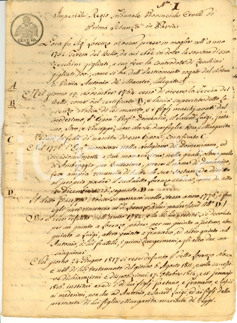 Documento originale, autentico 1829 PAVIA Domenico NOCCA lascia il convento e chiede l'ereditÃ  - Manoscritto 1
