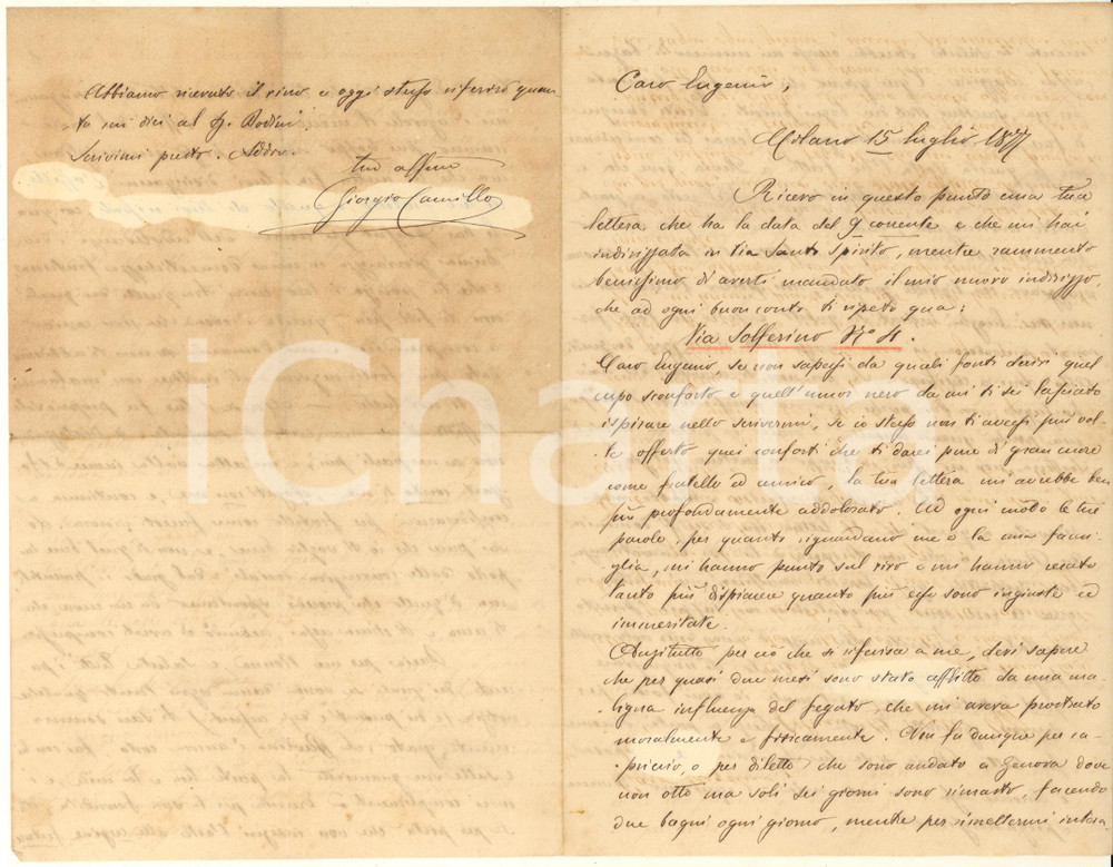 1877 MILANO Lettera Giorgio Camillo CARBONE - Maligna influenza *Autografo