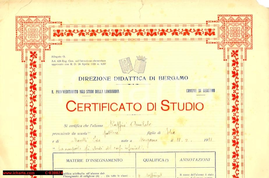 Oggetto da collezione cartaceo 1930 BERGAMO Annibale RAFFINI Certif. conclusione scuole inferiori DANNEGGIATO 1