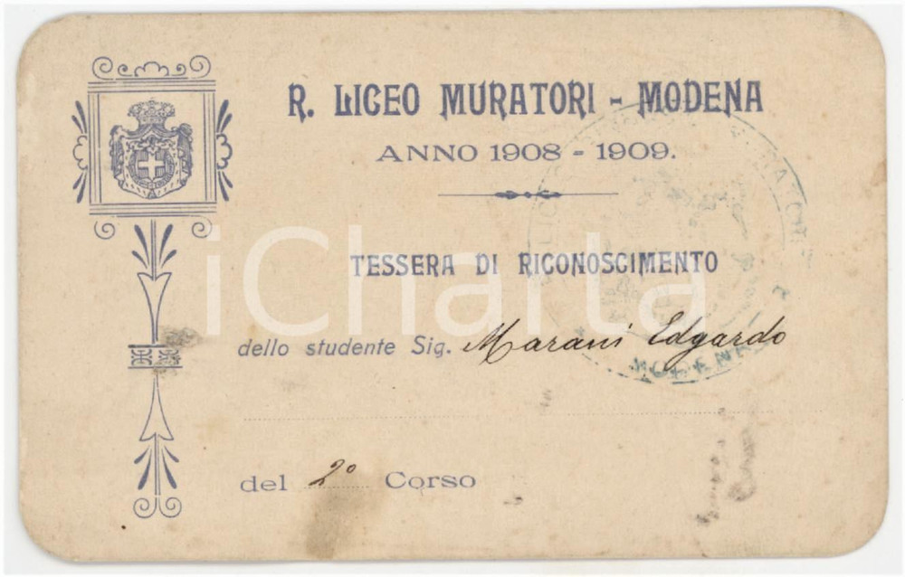 1908 MODENA Regio Liceo Muratori - Tessera di riconoscimento 10x7 cm Biglietto d'epoca.  FAIR/discreto Macchie al recto Formato: 10x7 cm originale e autentica 1