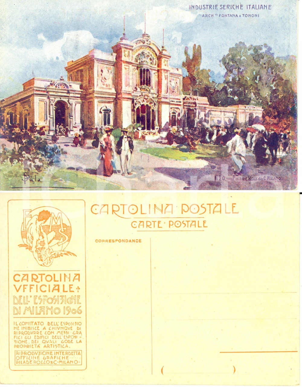 Cartolina originale da collezione 1906 EXPO MILANO Industrie Seriche Italiane  Arch. FONTANA e TONONI 1