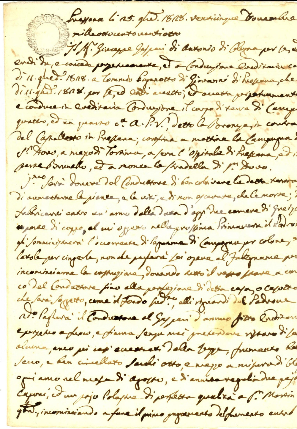 Documento originale, autentico 1828 PRESSANA (VR) Giuseppe GASPARI concede campo LA BRONZA a Tommaso PAGNOTTO 1