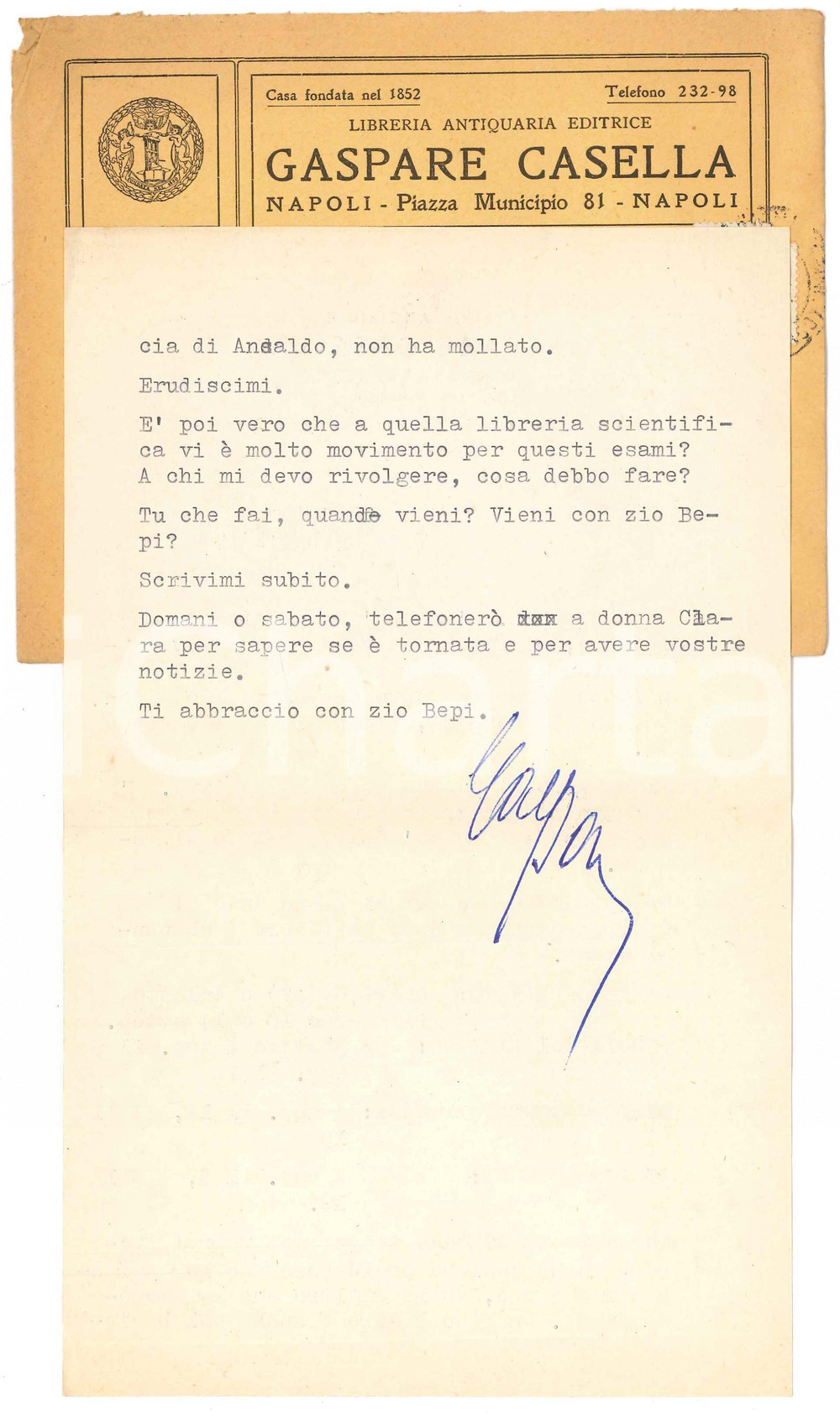 Autografo originale 1957 NAPOLI Lettera Gaspare CASELLA per aiuto al nipote  Autografo 1