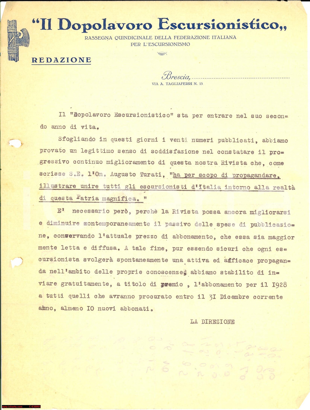 Documento originale, autentico 1927 BRESCIA Propaganda del Dopolavoro escursionistico  Lettera 1