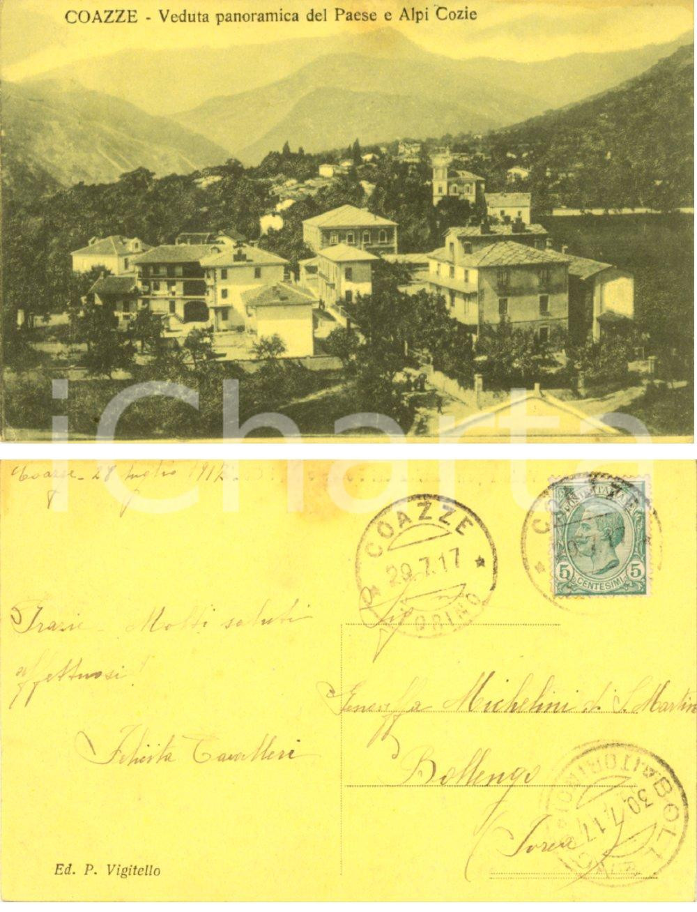 Autografo originale 1917 COAZZE (TO) Veduta panoramica e Alpi COZIE *Cartolina Felicita CAVALLERI 1