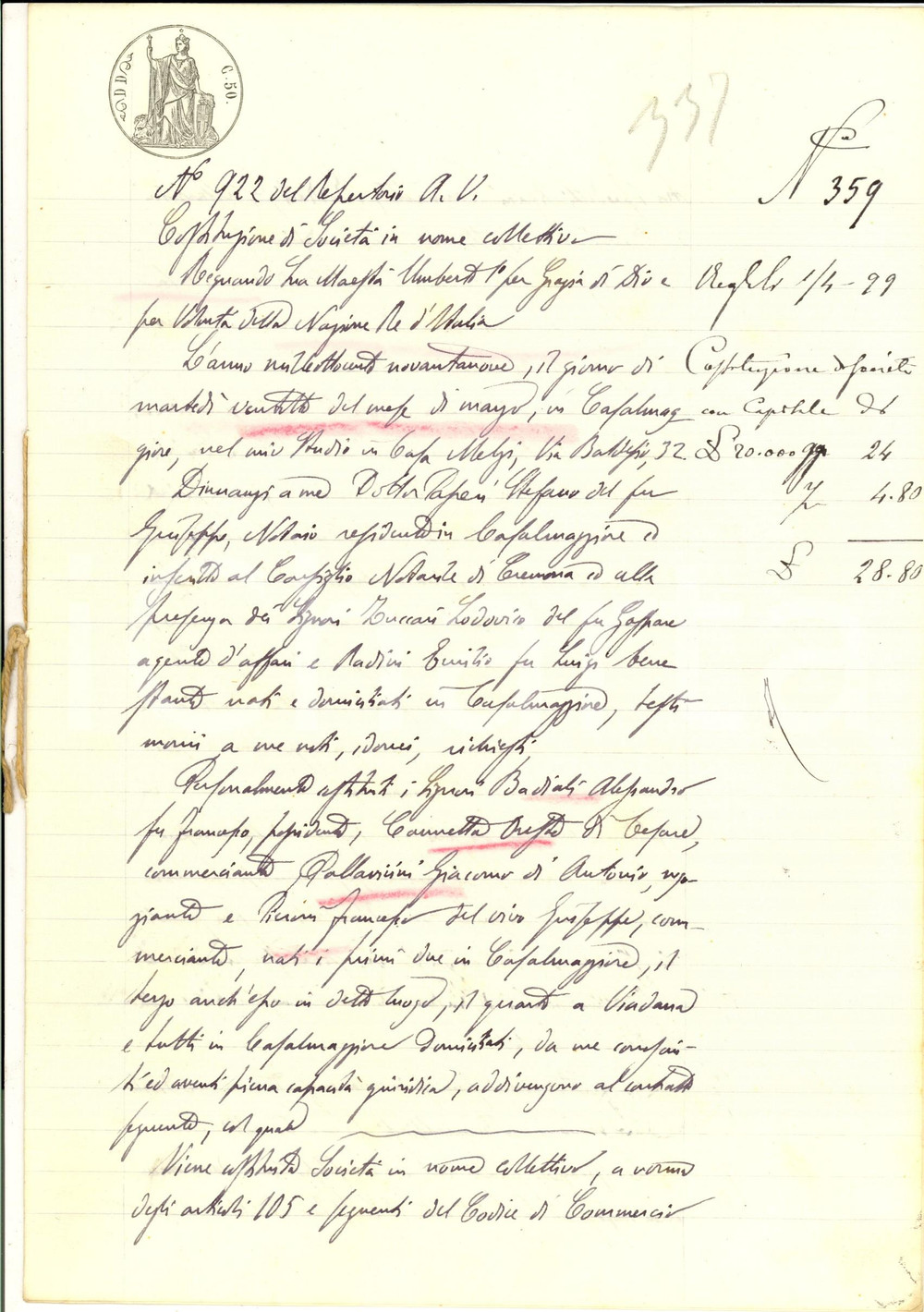 Documento originale, autentico 1899 CASALMAGGIORE Costituzione di societÃ  BADIATI  CANNETTA  PALLAVICINI 1