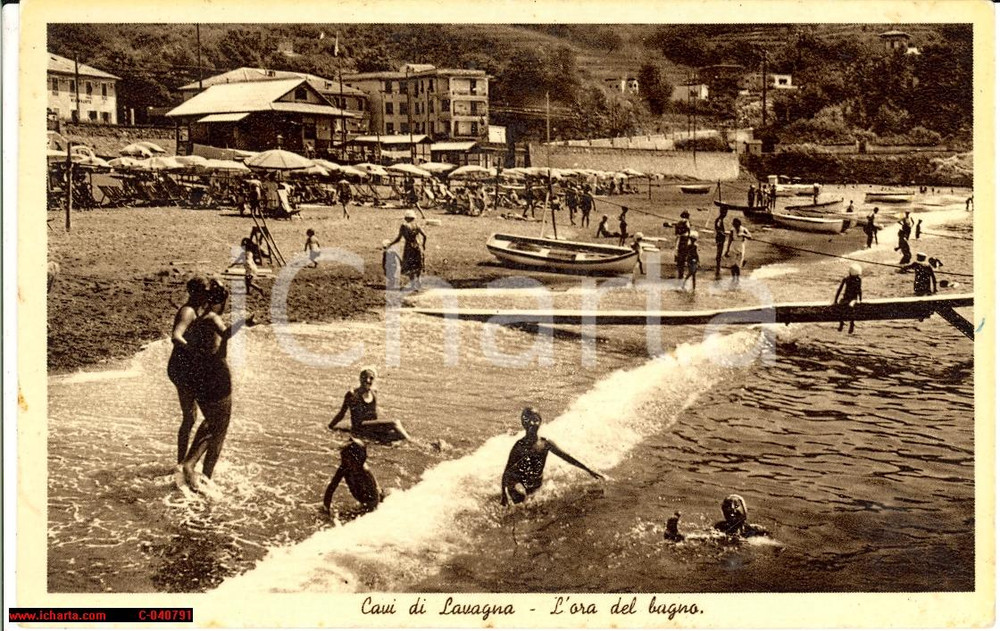 Cartolina originale da collezione 1930 Cavi di Lavagna - Spiaggia e Bagni *ANIMATA 1