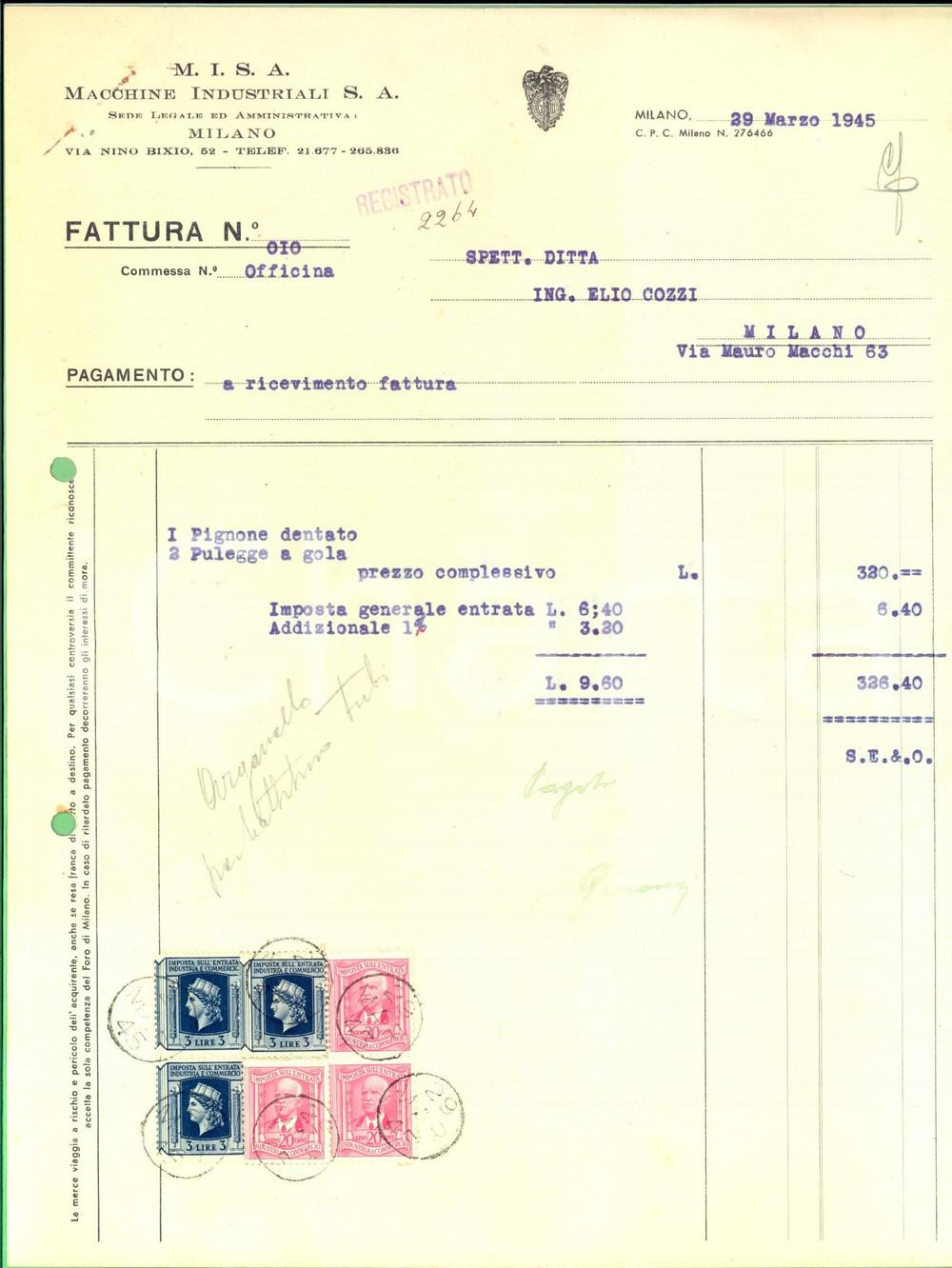 Documento originale, autentico 1945 MILANO Ditta MISA Macchine Industriali Fattura per pignone e pulegge 1