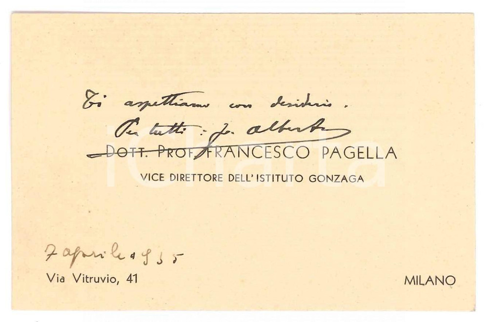 Oggetto da collezione cartaceo 1935 MILANO Ist. Gonzaga  Vice direttore Francesco PAGELLA Biglietto AUTOGRAFO 1