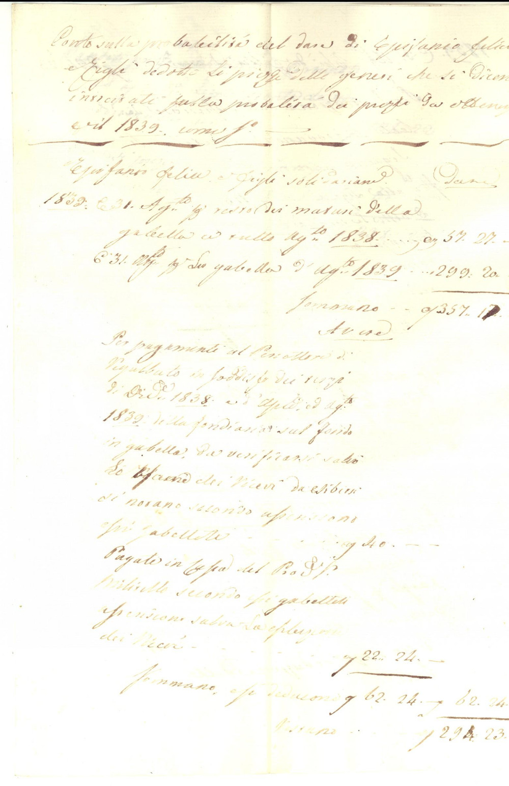 Documento originale, autentico 1839 REGALBUTO EN Dare e avere gabellotto Epifanio FELICI su terre della BRUCA 1