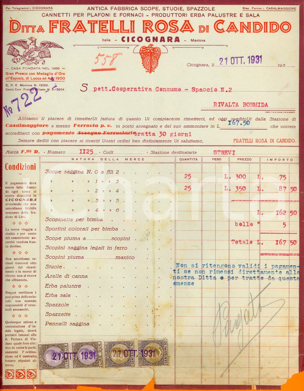 Documento originale, autentico 1931 VIADANA CICOGNARA MN Ditta Fratelli ROSA DI CANDIDO Scope e erba palustre 1