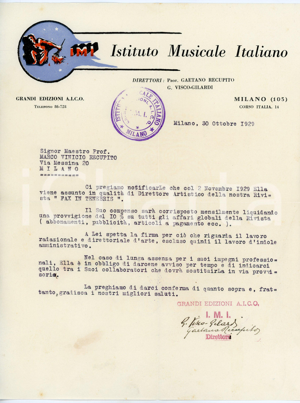 1929 MILANO Istituto Musicale Italiano - Lettera RECUPITO / VISCO GILARDI Lettera dattiloscritta, relativa alla nomina di Marco Vinicio Recupito a direttore artistico di "Fax in Tenebris".Su carta intestata dell'Istituto Musicale Italiano - Grandi Edizioni A.I.C.O.".Firme autografe dei direttori G. Visco Gilardi e Gaetano Recupito.CONDIZIONI: F (piegature d'epoca; piccolo residuo cartaceo al verso)PAGINE: 1     originale e autentica 1