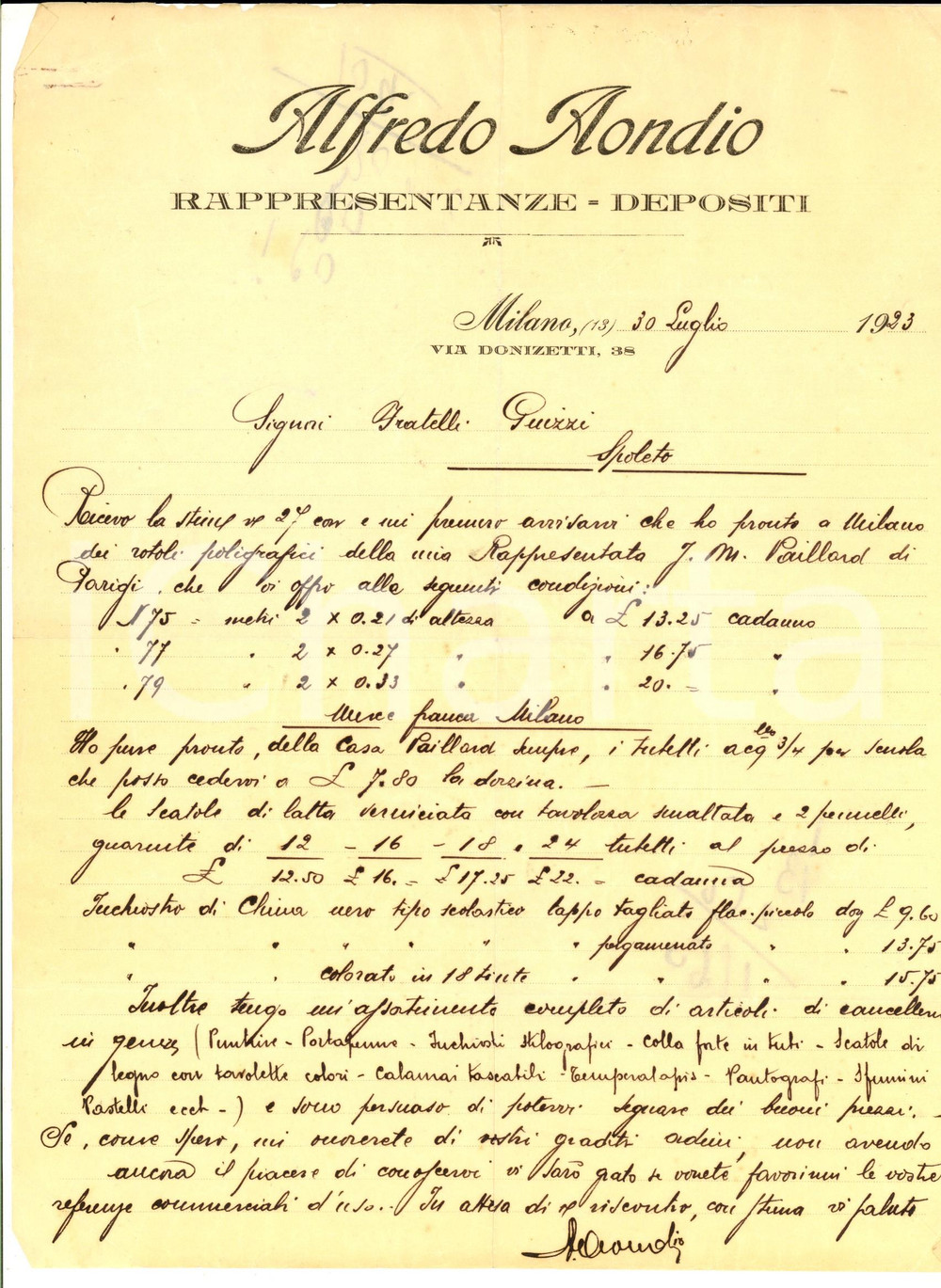 Documento originale, autentico 1923 MILANO Via Donizetti 38 ALFREDO AONDIO  Lettera per rotoli poligrafici 1