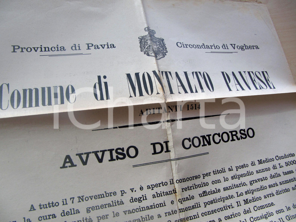 Documento originale, autentico 1915 MONTALTO PAVESE (PV) Concorso per medico condotto MANIFESTO 1