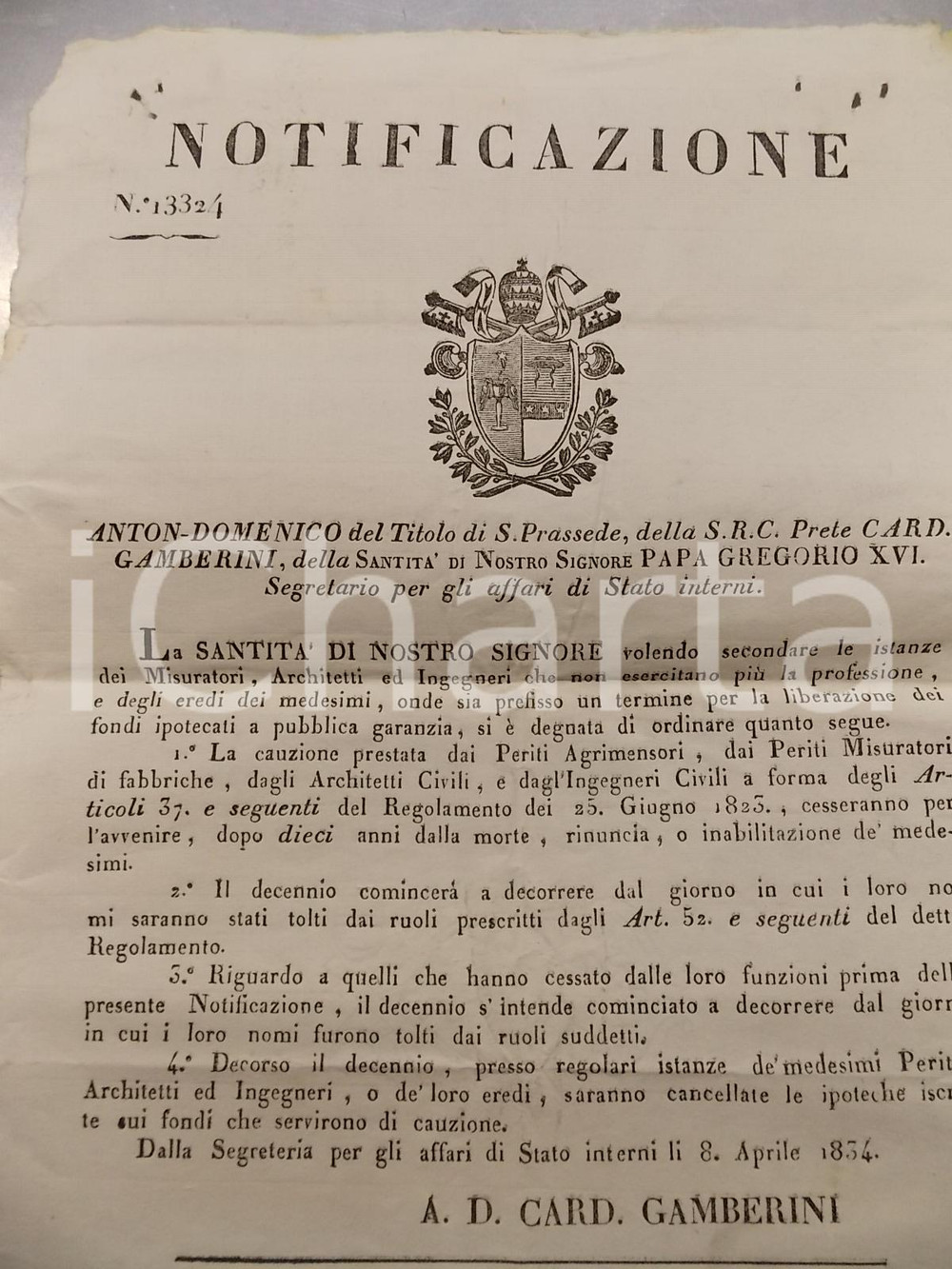 Documento originale, autentico 1834 STATO PONTIFICIO Sulla cauzione di periti, architetti e ingegneri MANIFESTO 1
