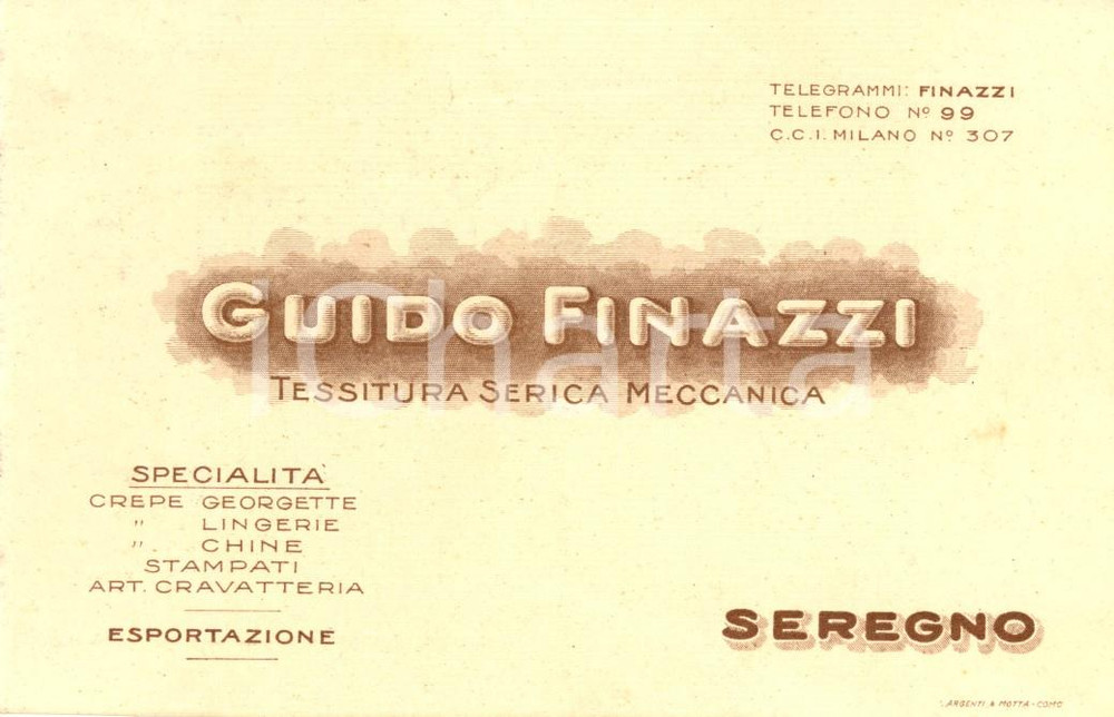 Cartolina originale da collezione 1930 ca SEREGNO (MI) Tessitura serica meccanica Guido FINAZZI Avviso passaggio 1
