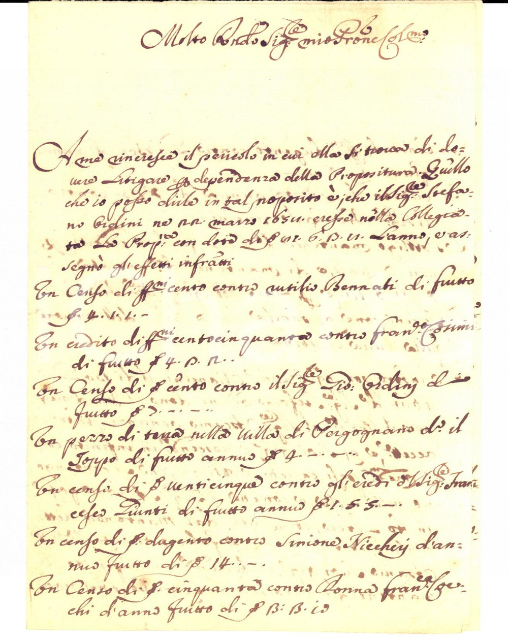 Manoscritto, lettera originale 1715 FIRENZE Giuseppe SALVEMINI sulla dotazione di una propositura Lettera 1