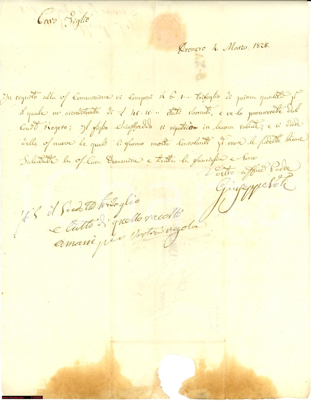 Documento originale, autentico 1828 DRONERO (CN) Lettera viaggiata: raccolta trifoglio 1