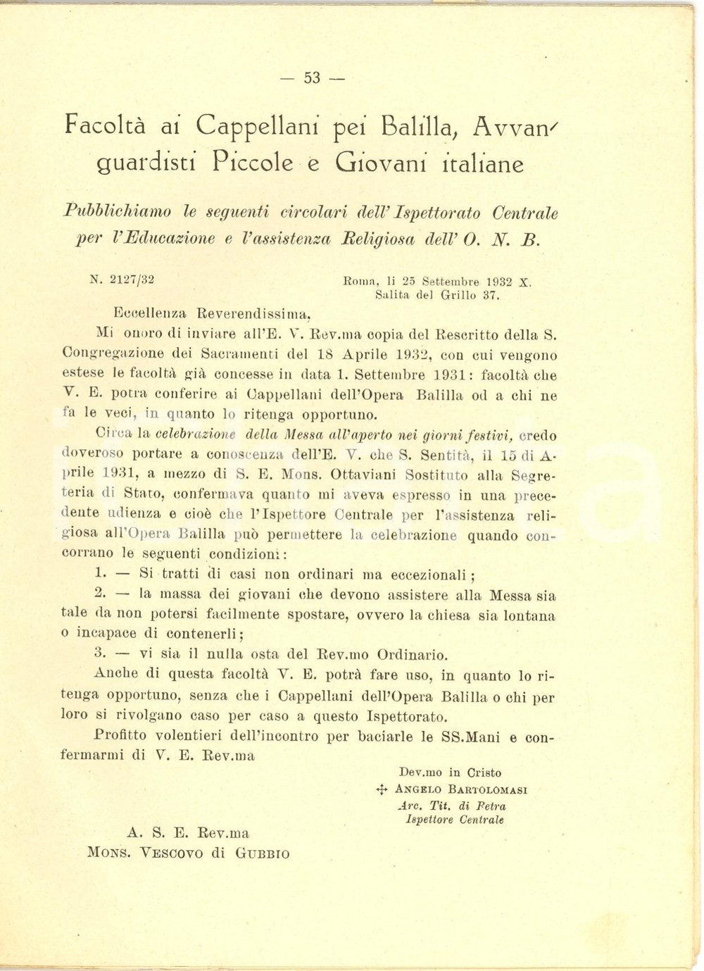 Documento originale, autentico 1932 GUBBIO Messe all aperto per l Opera Balilla  Giubileo don Ubaldo ADAMI 1