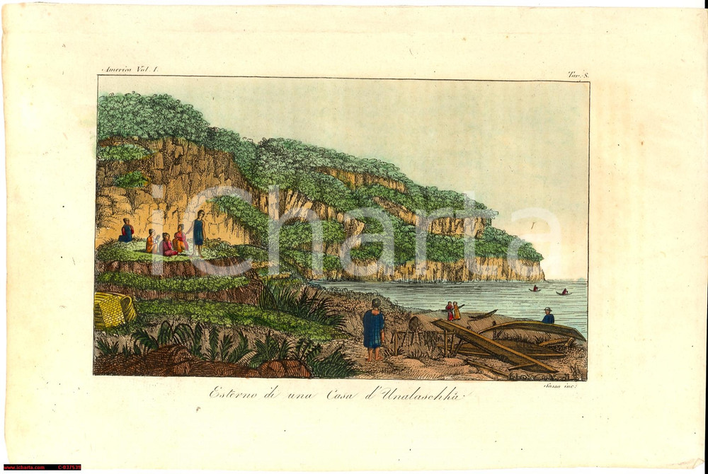 Stampa, bozzetto originale 1823 Giovanni Antonio SASSO Esterno casa d'UNALASCHKA 1