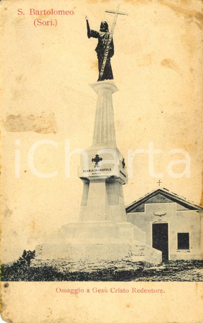 Cartolina originale da collezione 1900 ca SORI (GE) Statua CRISTO Redentore a SAN BARTOLOMEO *DANNEGGIATA FP NV 1