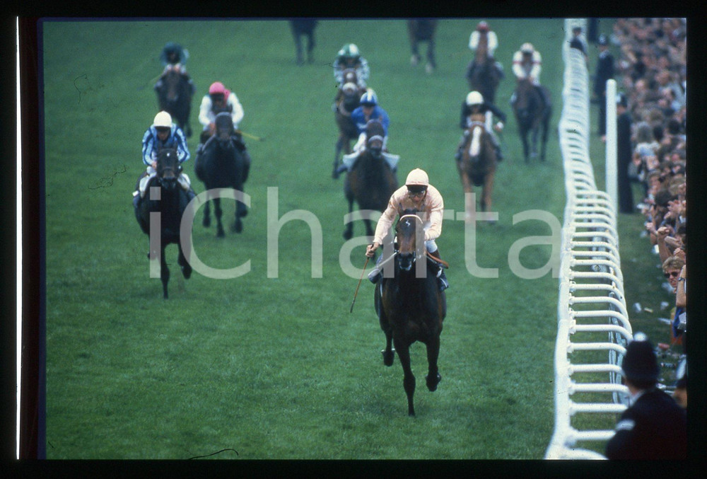 Fotografia d epoca originale 35mm vintage slide 1985 EPSOM DERBY  Steve CAUTHEN wins riding SLIP ANCHOR 1