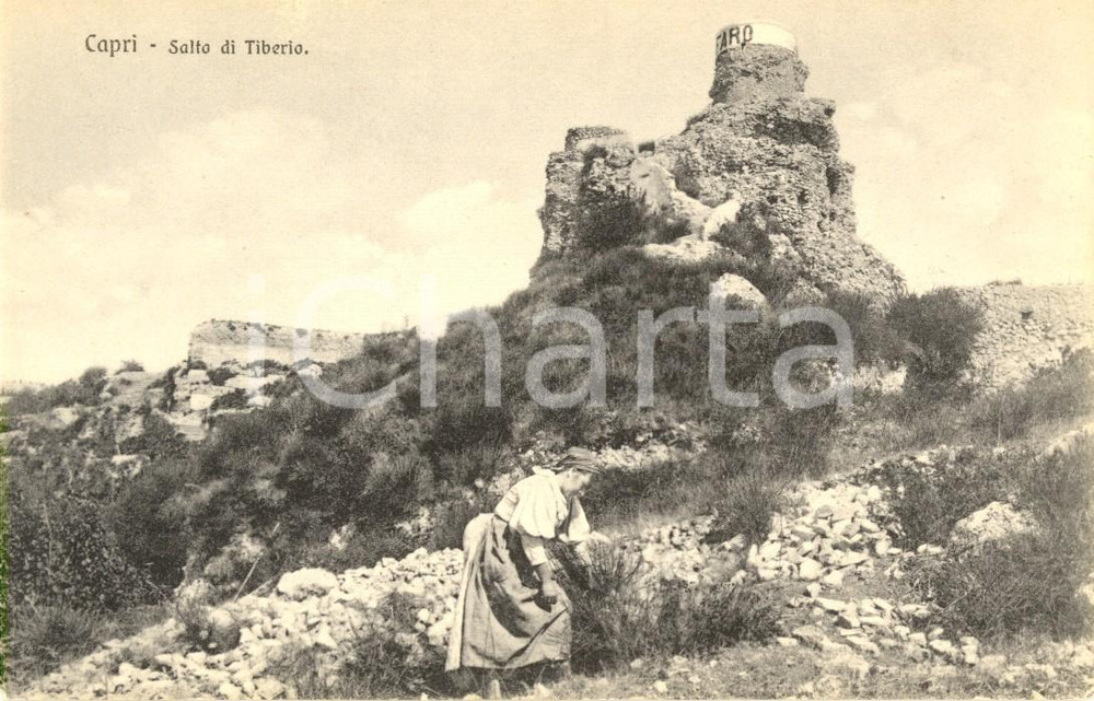 Cartolina originale da collezione 1920 ca CAPRI NA Contadina al Salto di TIBERIO davanti alla torre del faro FP 1